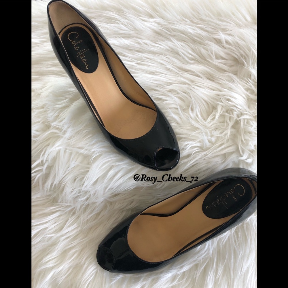COLE HAAN Black Patent Leather Peep Toe Pumps - Picture 5 of 8